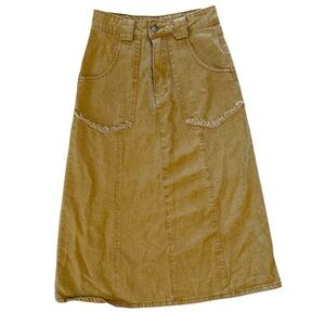 Vintage Tan Distressed Denim Midi Skirt